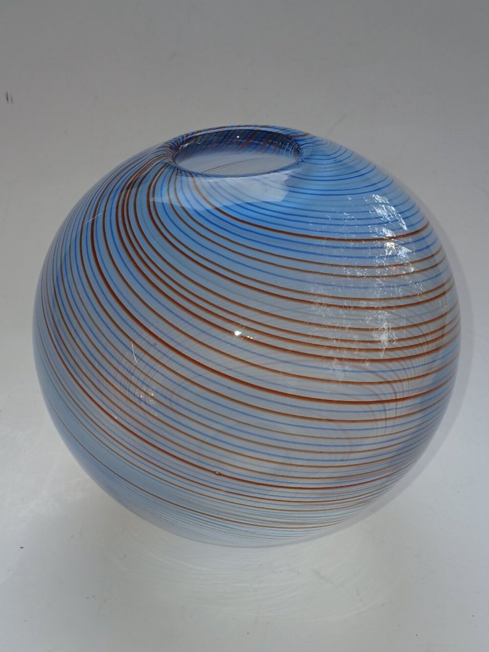 MCM Dansk Art Glass Hand Blown Round Blue Swirl Vase Rose Bowl